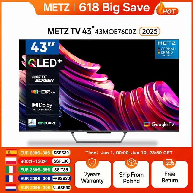 METZ QLED + 4K UHD Smart TV 43 pouces avec Google TV et écran mat antireflet Dolby Vision Dolby Atmos HDR Wi-Fi 2024 43 MQE7600Z 1