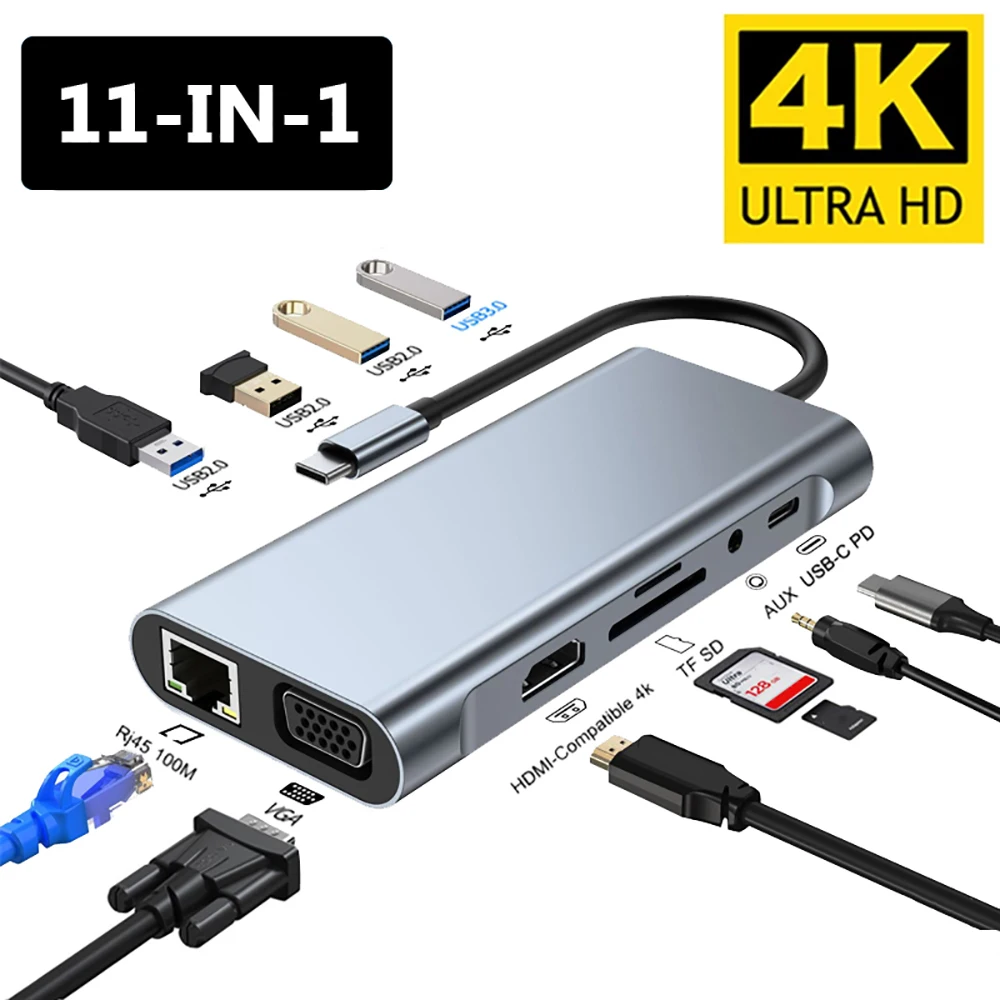 Tipo-c Docking Station Usb 3.0 Hub Usb c Splitter tipo c para 4k Hdmi Vga pd Rj45 100m Adaptador de Rede para Laptop 11 em 1