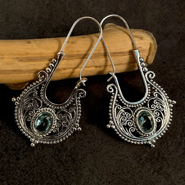Caved Pattern With Zircon Decor Dangle Earrings Bohemian Ethnic Style Zinc Alloy Silver Plated Jewelry Tourism Souvenir 3