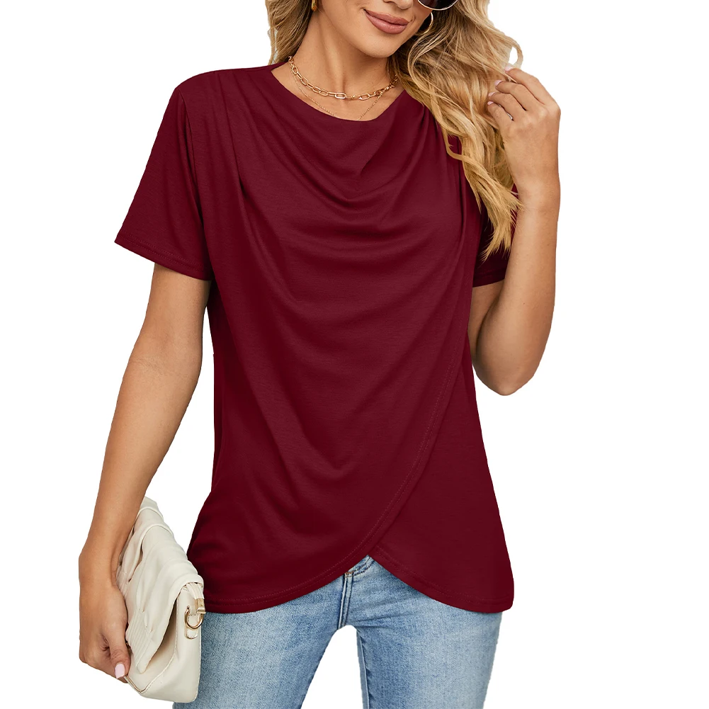 

Tops Womens T-shirt Holiday Loose O Neck Office Short Sleeve Slight Stretch Soft Solid Color Summer Fashionable