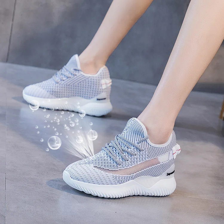 New Spring Autumn Gray White Women Shoes Increase 8CM Knitted Women Vulcanized Shoes Mesh Cloth Thick Bottom Casual Sneakers