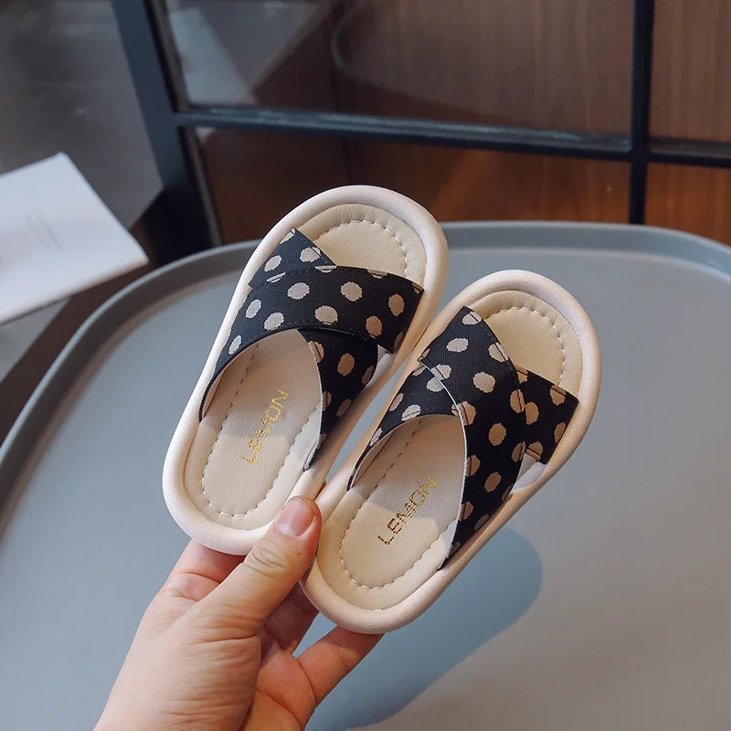 Girls Polka Dot Summer Slippers Kids Open Toe Flat Shoes