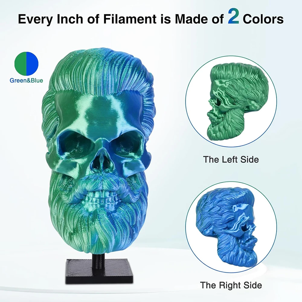 실크 PLA 필라멘트 1.75mm, 3D 프린터 필라멘트 이중 색상 공압출 필라멘트 PLA, 250g, 실크 블루 그린