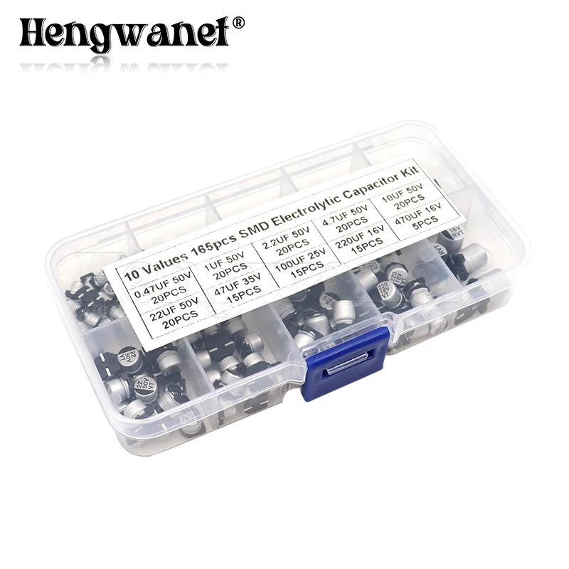 

165 шт./лот 10 значений SMD алюминиевый электролитический конденсатор, набор образцов в ассортименте 0,47 мкФ 1 мкф 2,2 мкФ 4,7 мкФ 10 мкФ 22 мкФ 47 мкФ 100 мкФ