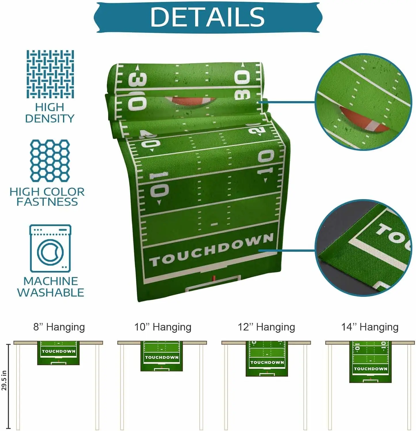 Chemins de table en lin de sport de football américain, écharpes de robe, décor de table, terrain de rugby, chemin de table de stade, décor de fête de vacances