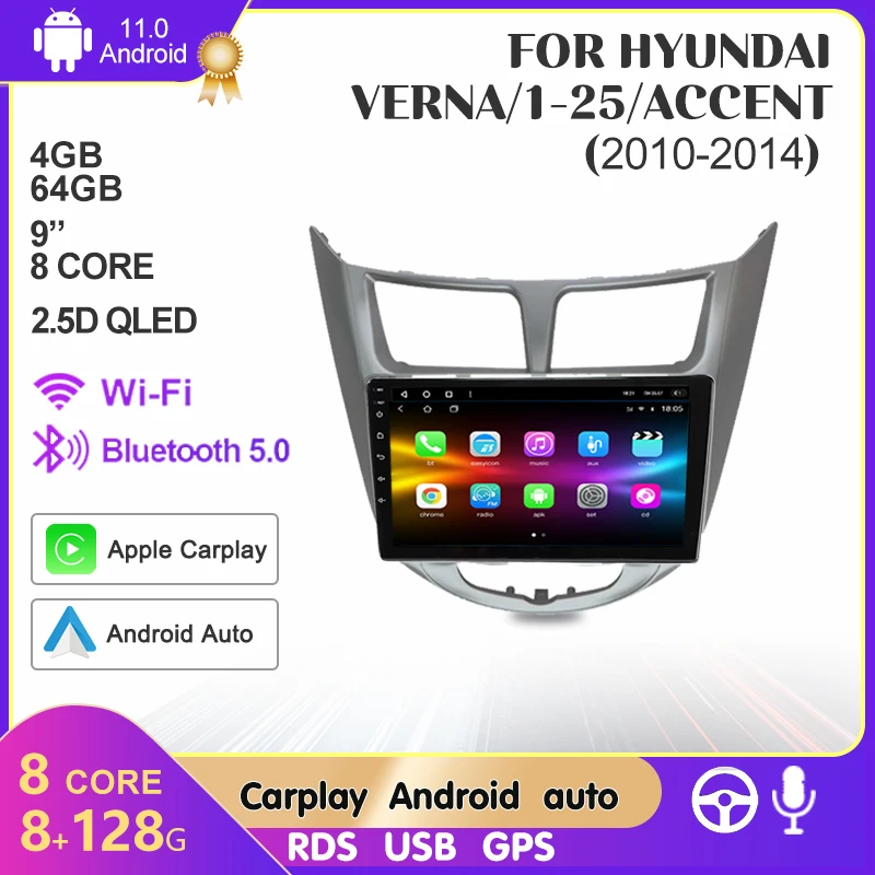 

Android 11 Car Radio For Hyundai Solaris Verna Accent 1 2010-2016 Auto Stereo GPS Navigation DSP Carplay 2 Din Multimedia Player