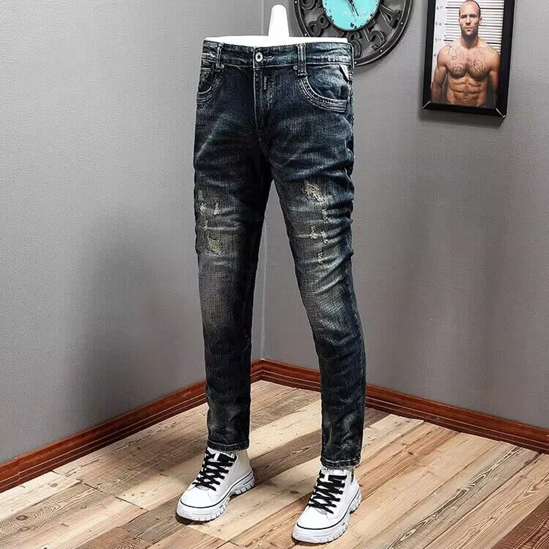 Fashion Designer Men Jeans Retro Black Blue Stretch Elastic Slim Fit Ripped Jeans Men Embroidery Patched Vintage Pants Hombre