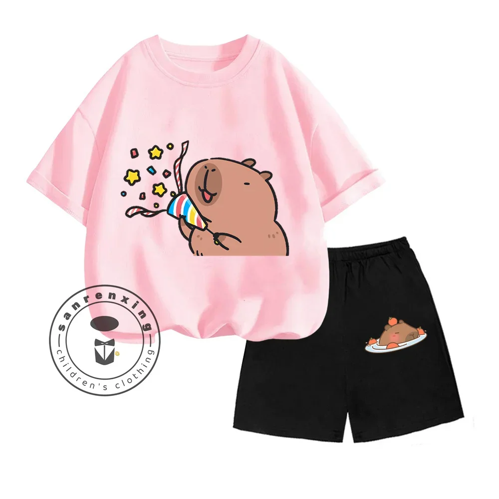 Hit Youth Sunshine Capybara Cartoon Print Design O Collar Delicate Short Sleeves and Shorts Summer Children School Two-piece Set 6