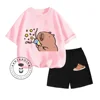 Hit Youth Sunshine Capybara Cartoon Print Design O Collar Delicate Short Sleeves and Shorts Summer Children School Two-piece Set 6