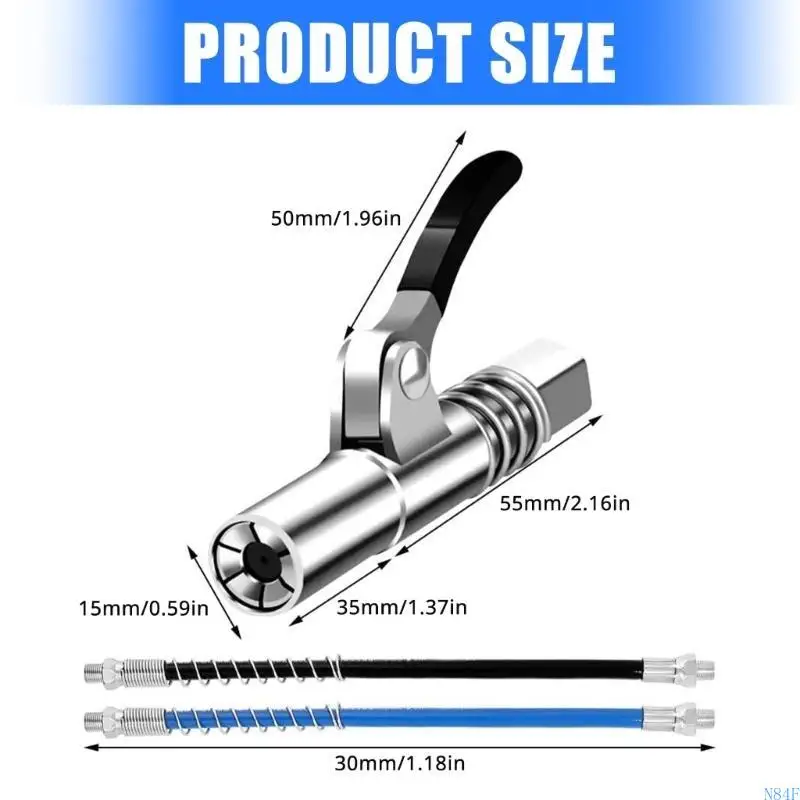 N84F High Pressure Single Handle Grease Guns Mouthpiece and 2 Flexible Hoses Suitable for Standard Grease Nipples M6 to M14