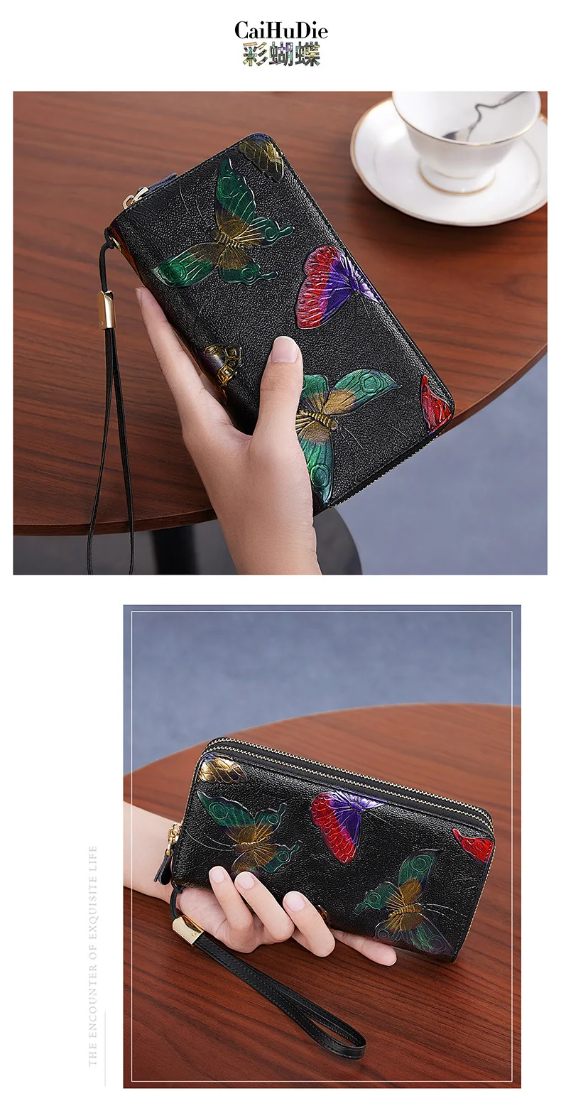 Große Geldbörse aus echtem Leder, RFID-Kartenhalter, Damen-Geldbörse, lange Clutch-Handtasche aus floralem Rindsleder – Detail 16