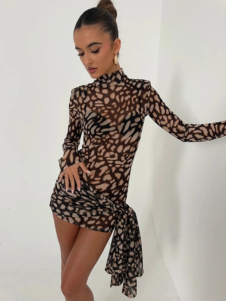 JULISSA MO Turtleneck Print Leopard Bandage Women Dress Long Sleeve High Waist Dress Female Spring Skinny Elegant Party Clubwear 2