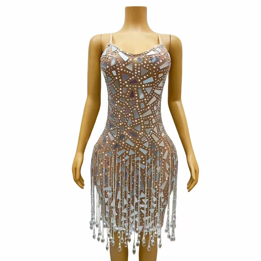 

Dress Silver Pendant Gorgeous Rhinestone Long Pearl Sequins Celebration Banquet Stage Birthday Party Performance Costume