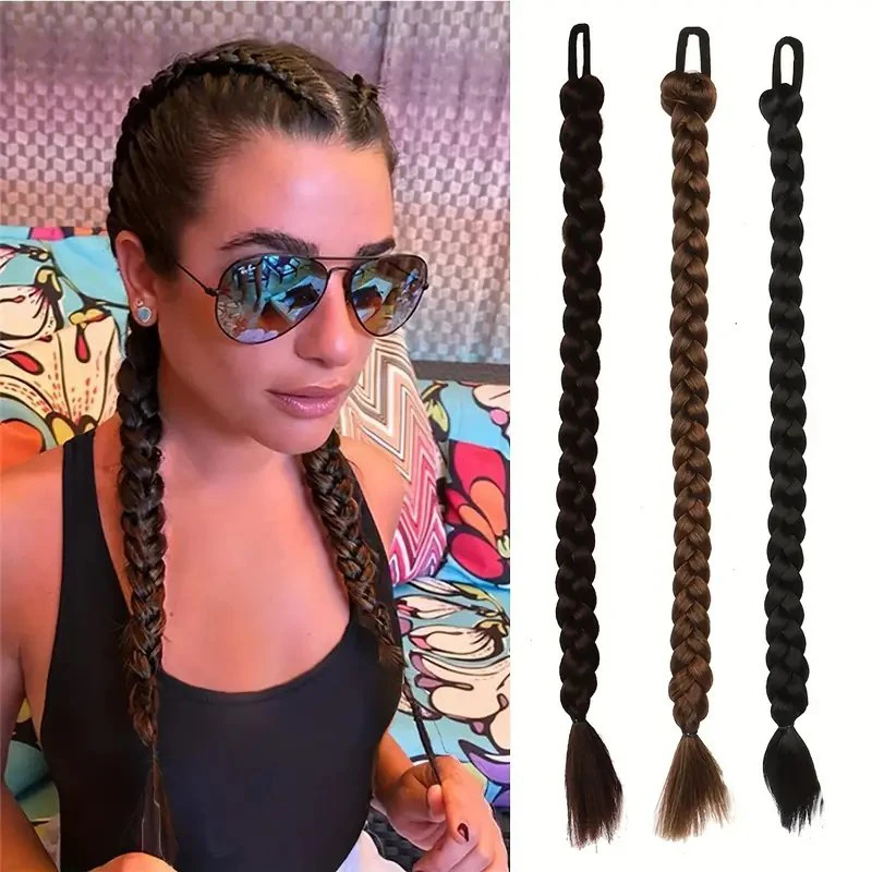 2 Pcs Braided Long Ponytail Extensions With Elastic Band Hair Synthetic Fiber 24 Inch Ponytail Hair Accessories For Party Daily