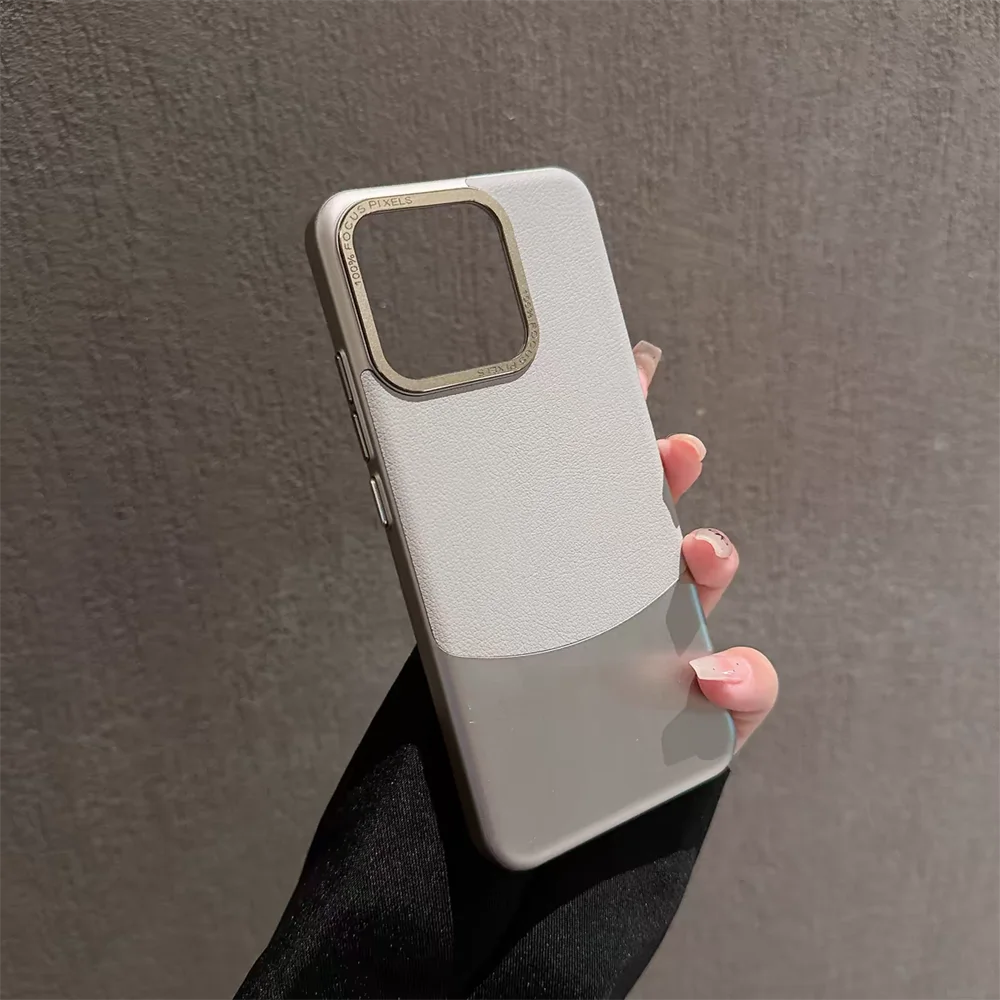 Luxury Double Color Plain Leather Matte Phone Case with Metal Lens Protection and Hybrid Shockproof Design