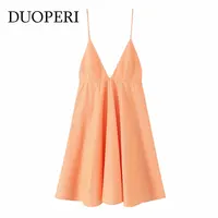 DUOPERI Women Summer Orange Striped Backless Zipper Mini Dress Thin Straps V-Neck Female Chic Lady Dresses Vestidos Para Mujer