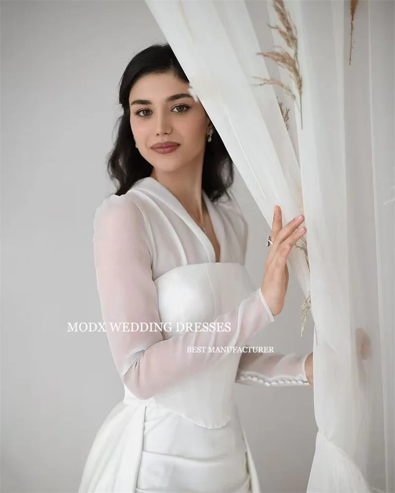 MODX Mermaid Wedding Dress A-Line V-Neck Long Sleeve Detachable Hem Sweep Train Bridal Gowns Customized