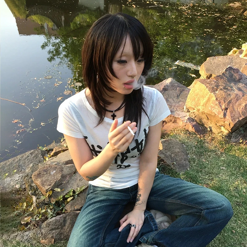 Karrram Japanese Y2k Letter Print T-shirt Trashy 2000s Style Short Sleeve Tee Shirt Grunge Aesthetics White Top Vintage Harajuku 4