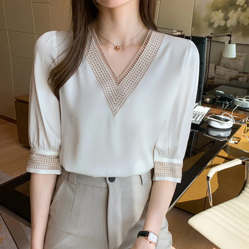 White Lace V Neck Chiffon Blouse for Women