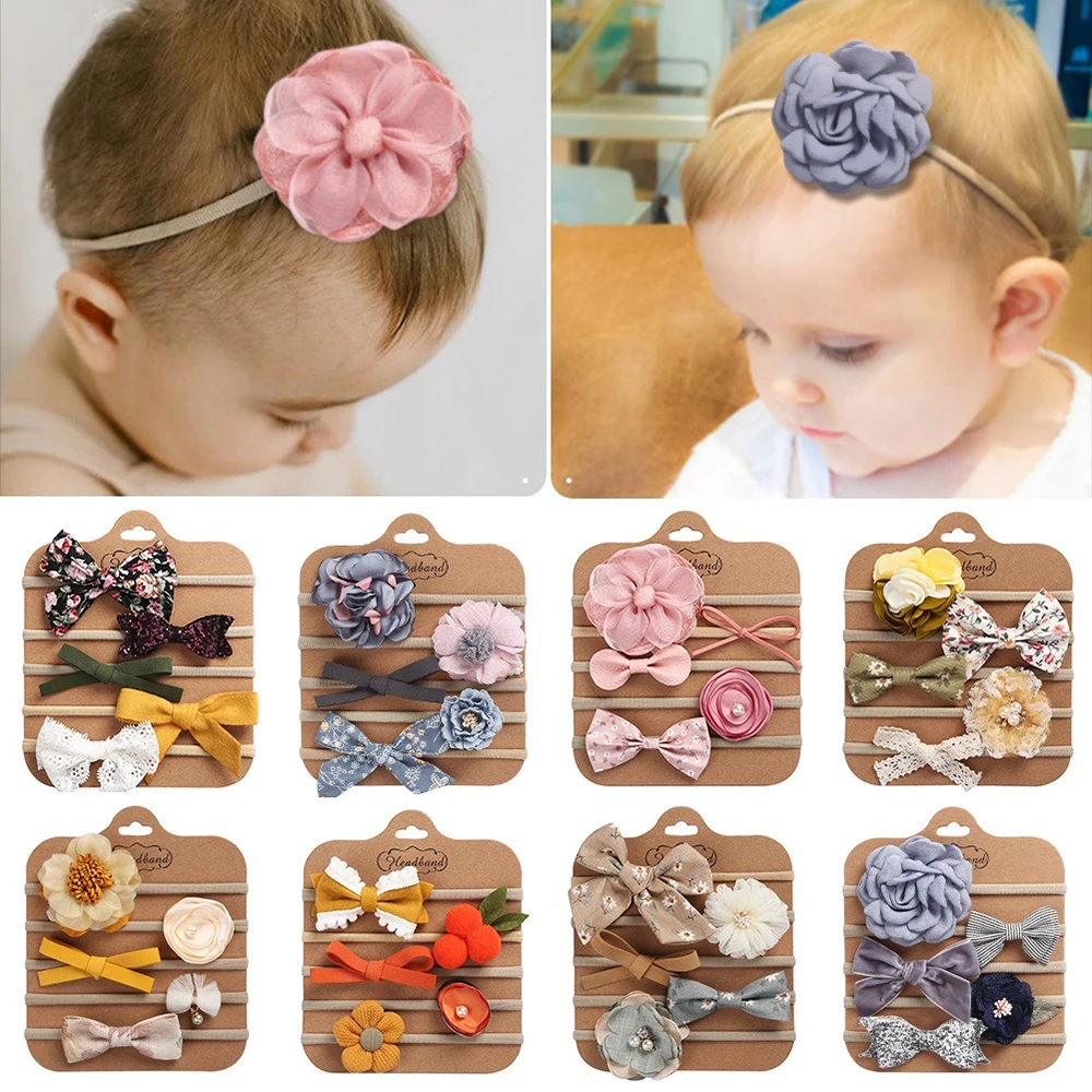 5Pcs Baby Girl Elastic Hair Bands Newborn Bow Flower Headband Nylon Infant Toddler Hairband Photography Props Headwear Accessory flower crown headband baby girl haar accessoires kids lace pearl beach diademas hair band thin nylon newborn photography props