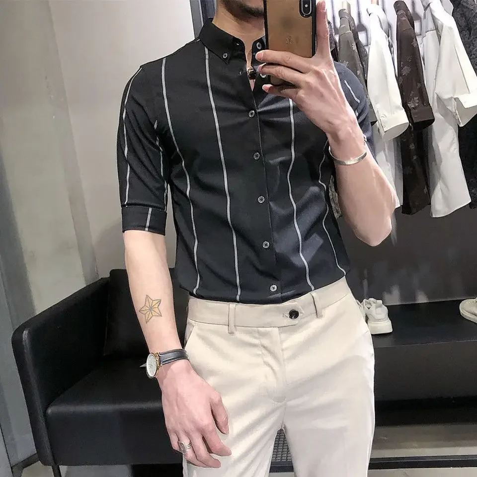 Camisa de hombre de negocios musculosa de manga larga para hombre, camisas de rayas para uso social, ropa popular coreana original, diseñador de verano, talla XXL normal