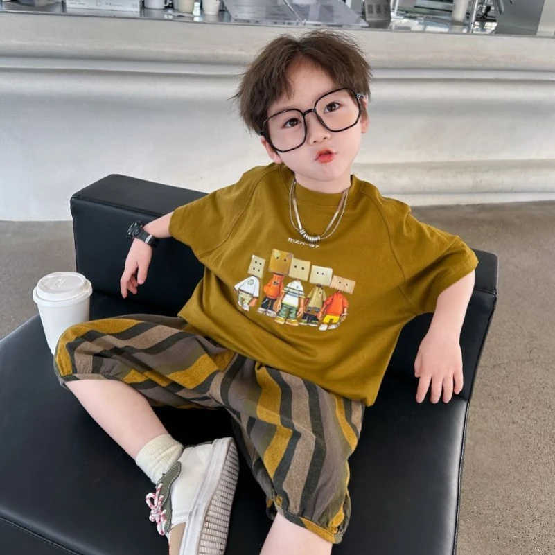 Boys Pure Cotton Summer Set Loose Short Sleeved Children's Clothing T-shirt+7-point Shorts New Baby Boy Thin Two-piece Set