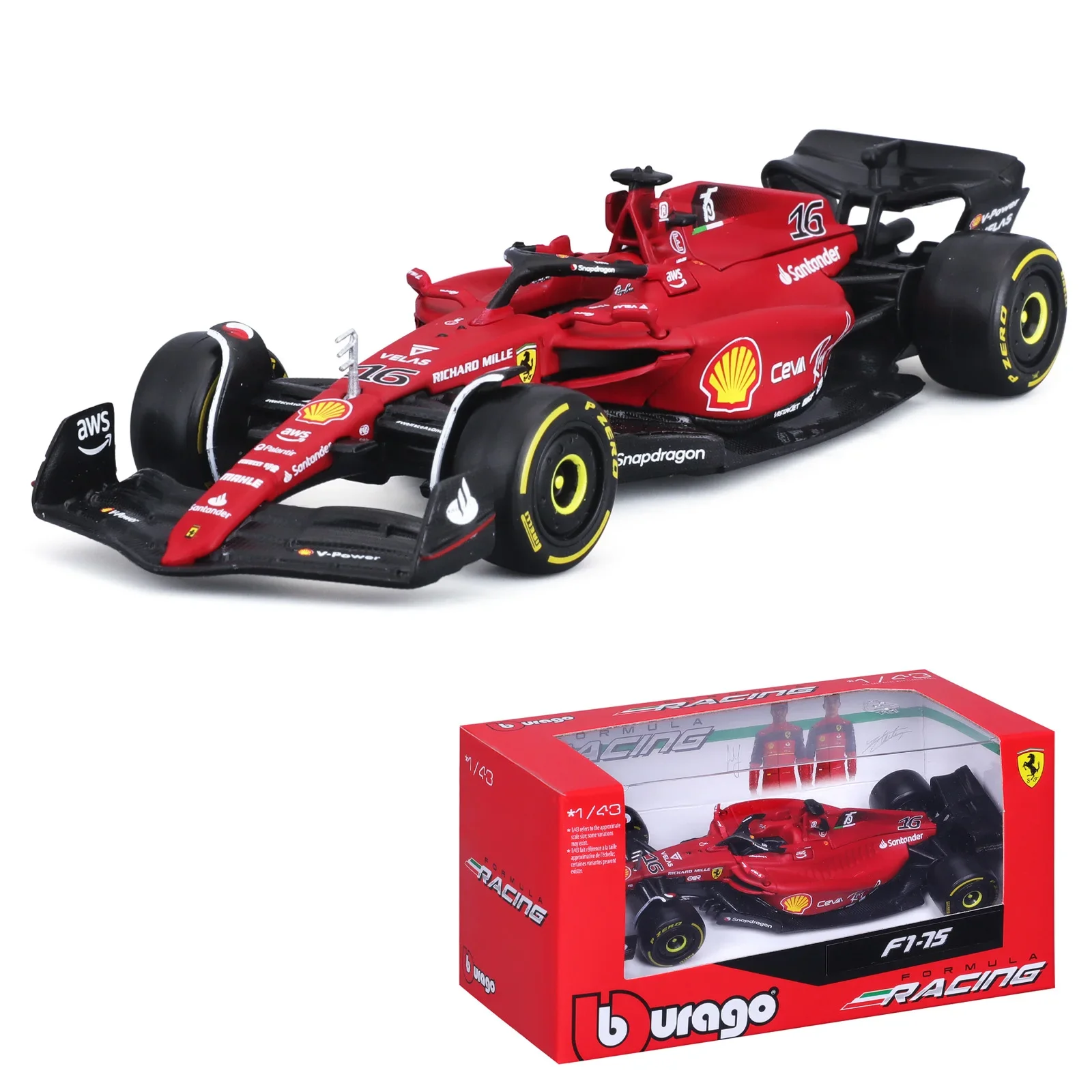 Bburago 1:43 Scale Ferrari F1-75 2022 Diecast Model Car - Leclerc #16 Or Sainz #55 (With Acrylic Box)