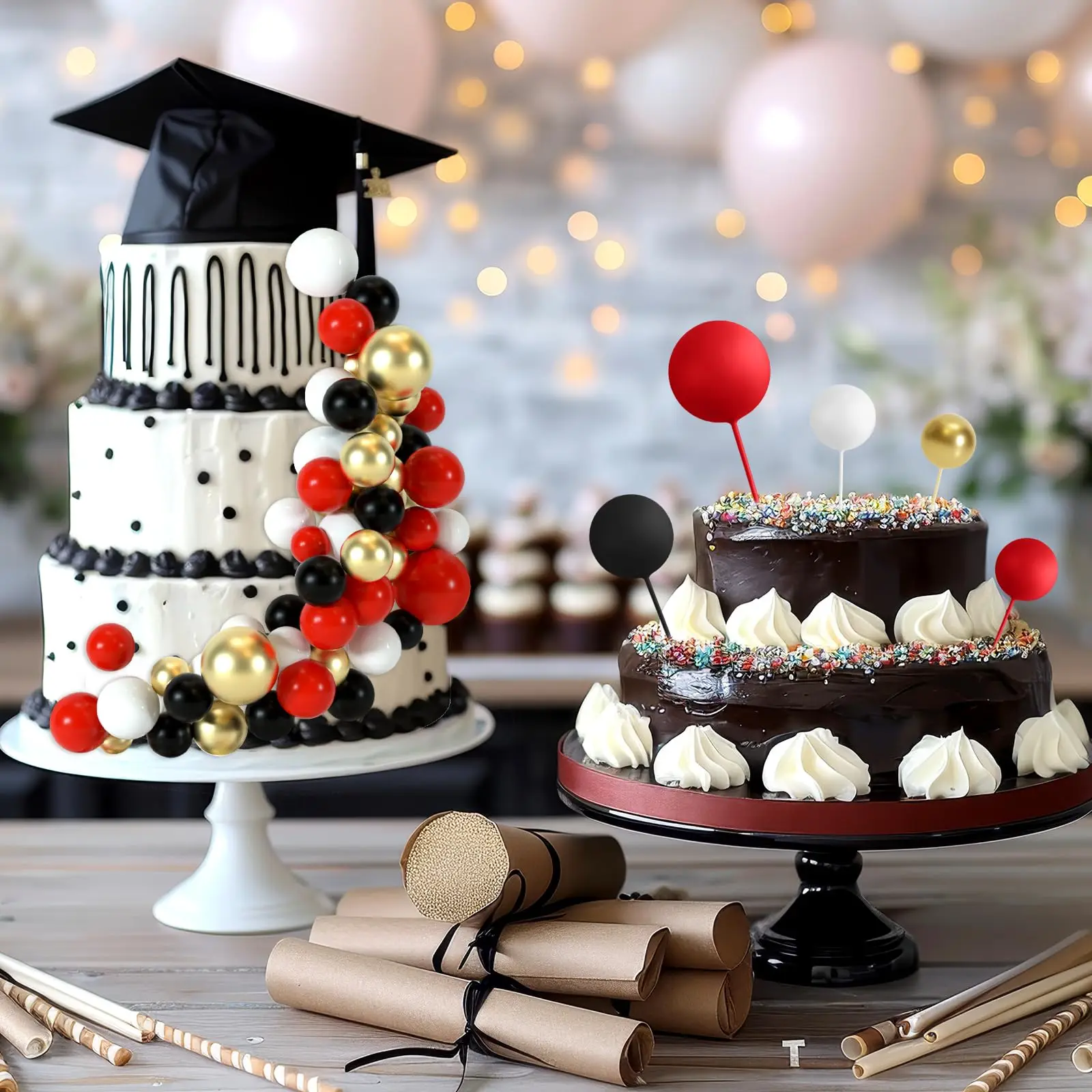 Decorazioni Torta Compleanno 48 Pezzi - Palline Numeri 0-9 In Stile Nero Bianco Oro