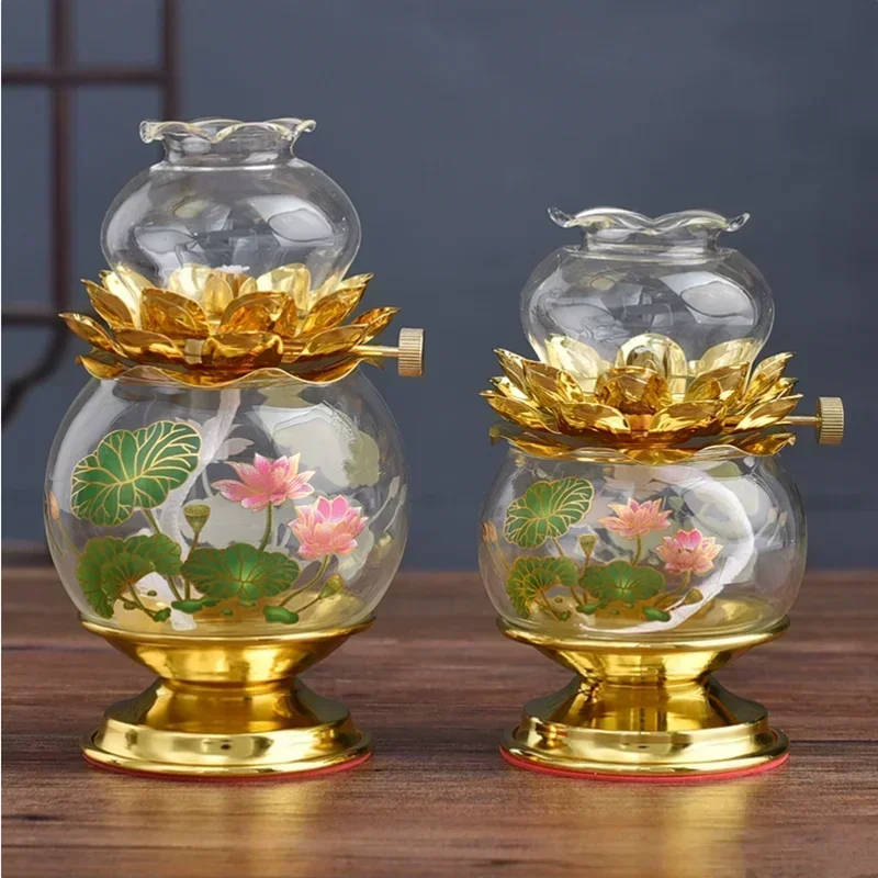 Transparent Glass Lotus Yellow Oil Lamp, for Buddha Lamps, Prayers, Buddha Heart Sutra Oil Lamp, Tool Supplies, 1 Piece