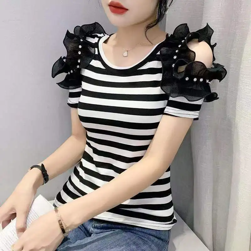 

Футболка женская с принтом в полоску, повседневный пуловер с круглым вырезом и коротким рукавом, Повседневная модная одежда, Q251