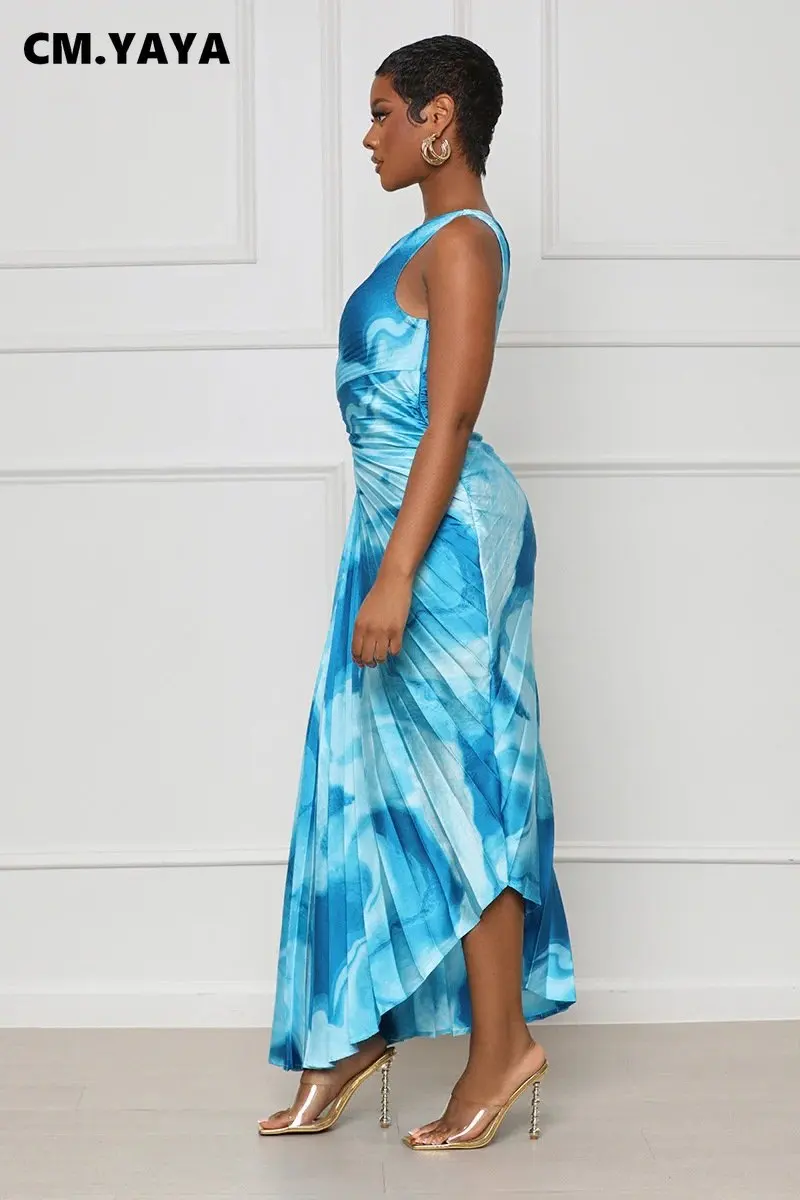 Women Tie Dye Print Sleeveless One Shoulder Pleated