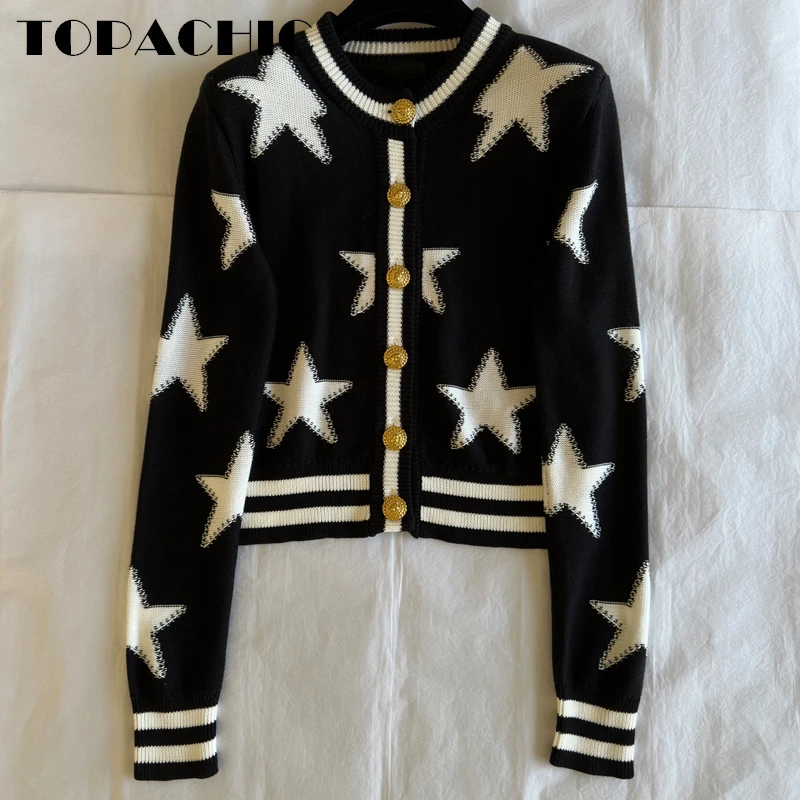 

12.9 TOPACHIC Women's Temperament Round Neck Long Sleeve Gold Button Crochet Star Knitted Cardigan Sweater