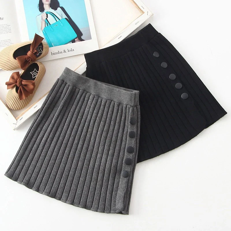 

Spring Winter Girls Pleated Skirt Button Design Cotton Knitted Skirt Children Clothing Kids Girls Party Dance Skirts 3-15 Years