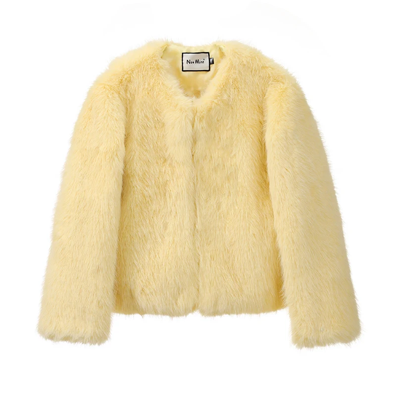 Fluffy Fox Fur Jacket Women Winter Casual Round Neck Outerwear