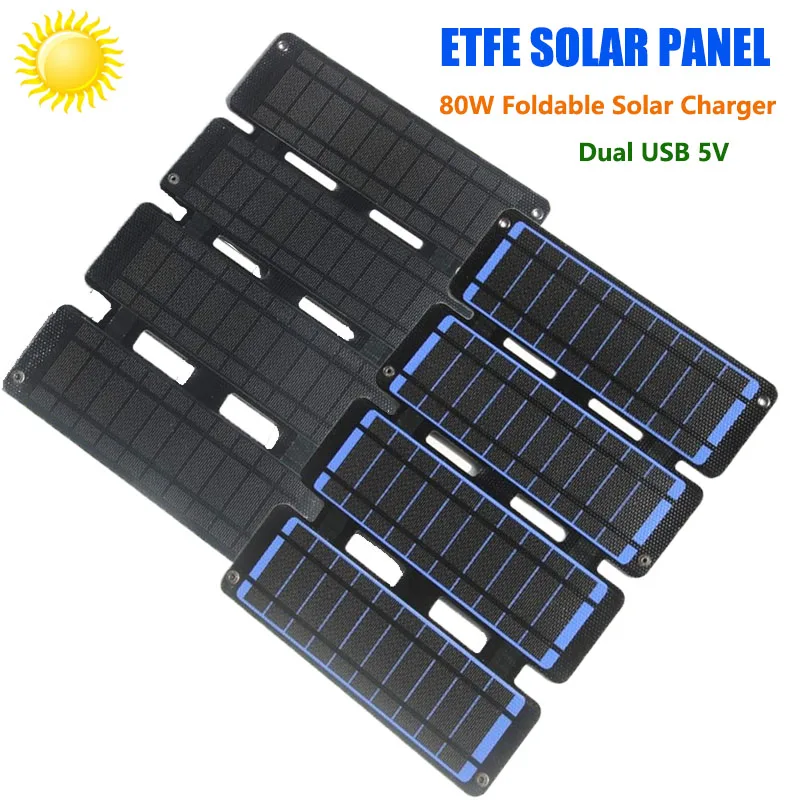 Painel Solar Dobrável 80w Etfe Usb 5v Banco de Energia de Célula Solar Carregador Solar Portátil Acampamento ao ar Livre à Prova Impermeável Água