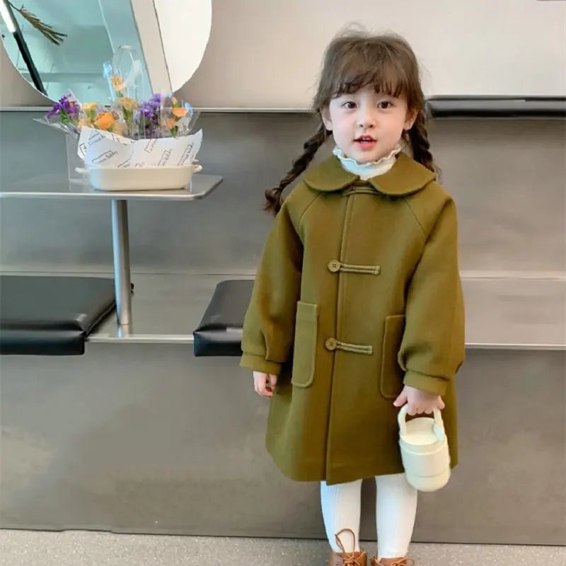 

2023 Winter Girls Green Thick Warm Button Jacket Baby Kids Children Coat Outerwear