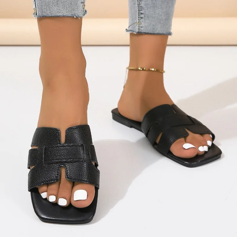 

Женские шлепанцы с открытым носком, повседневные сандалии на плоской подошве с квадратным носком, Уличная обувь, 2024