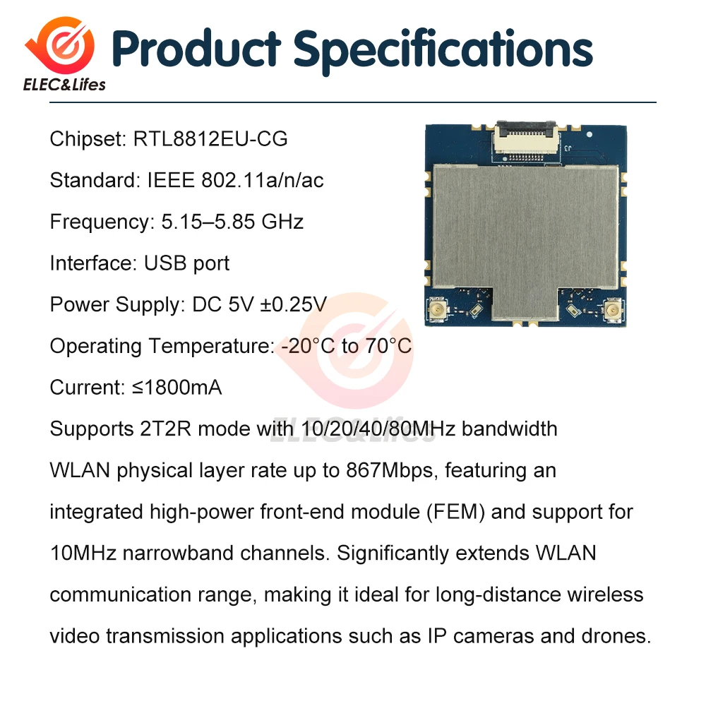 Module WiFi 5.8GHz USB RTL8812EU haute puissance installé sur un drone pour caméra IP.