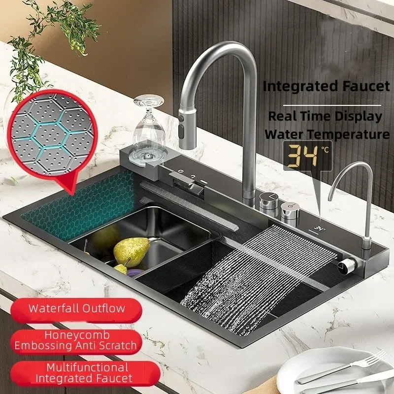 

75cmx46cm 304 Stainless Steel Kitchen Sink, Piano Button, Nano Honeycomb Integrated Waterfall Faucet Vegetable Basin Set