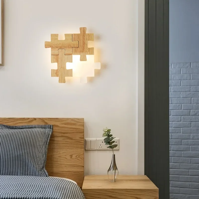 

Nordic Creative Solid Wood Bedside Aisle Led Wall Lamp Combination Puzzle Personality Bedroom Ultra-thin Special-shaped Lamps