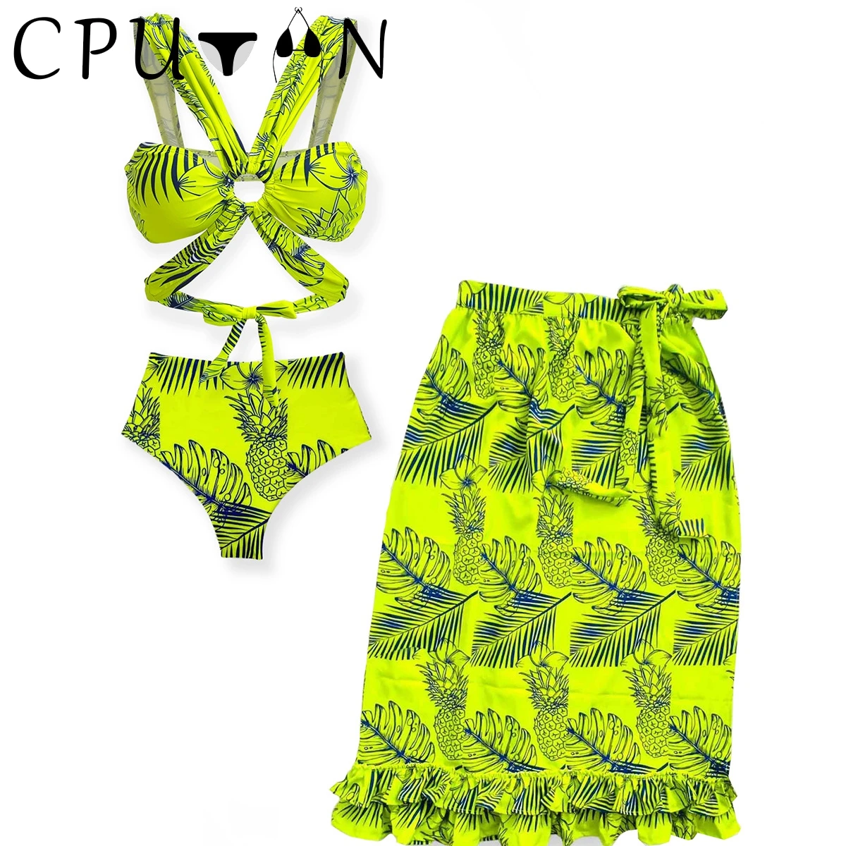 

CPUTAN 2023 Sexy 3 Piece Bikini Set Women 3D Flower High Waist Swimwear Skirt Swimsuit Cover Up Beachwear Brazlian Biquini Dress