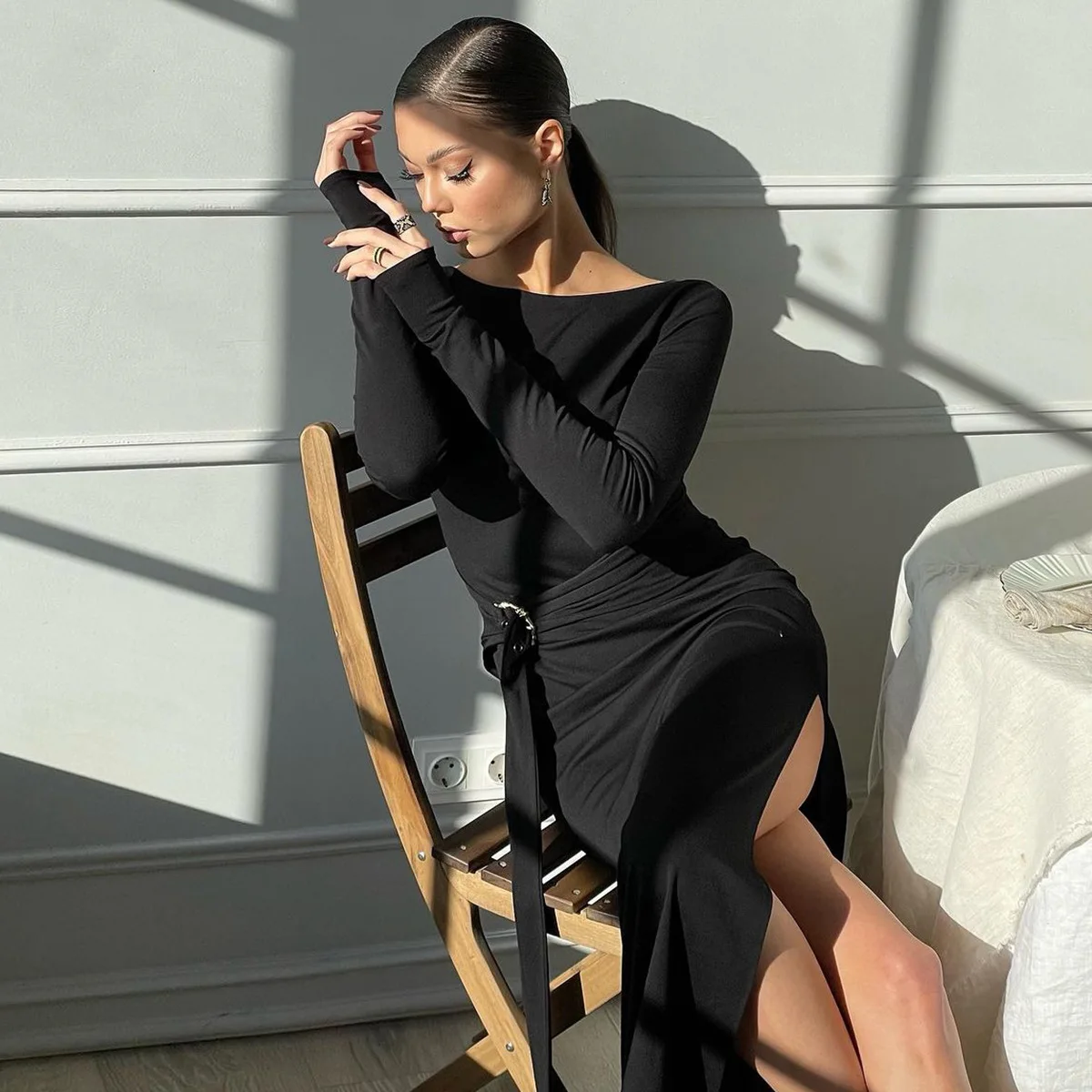 Black Fashion Lace-Up Long Dress For Women Skinny High Waist Patchwork Side Split Elegant Dress Female Party Maxi Dress