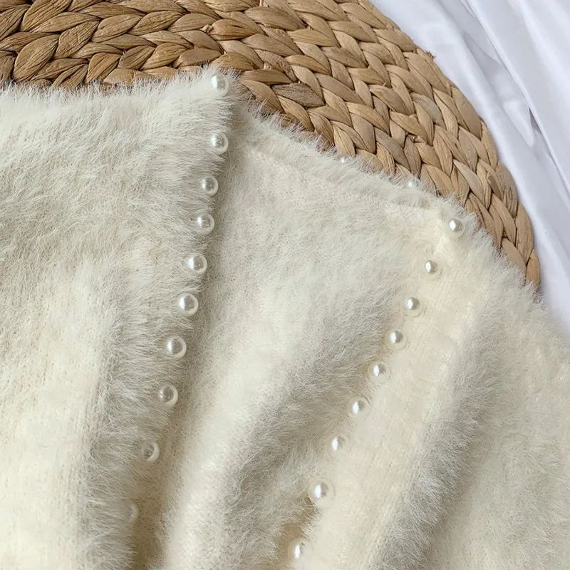 부드러운 레이디 밍크 캐시미어 스웨터 코트, 모헤어 모피 니트 가디건, 루즈한 비즈 장식 진주 자켓 탑스