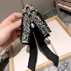 Retro Ribbon Bow Tie Crystal Rhinestone Pearl Jewelry Bowtie Brooch Professional Shirt Collar Pins School Uniform Accessories
