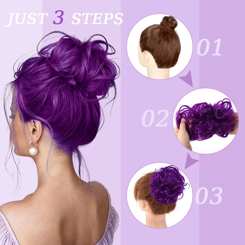 Purple Messy Hair Bun Extensions Wig Synthetic Curly Bun Hairpiece Updo Hair with Elastic Hair Band for Women Daily&Party Use