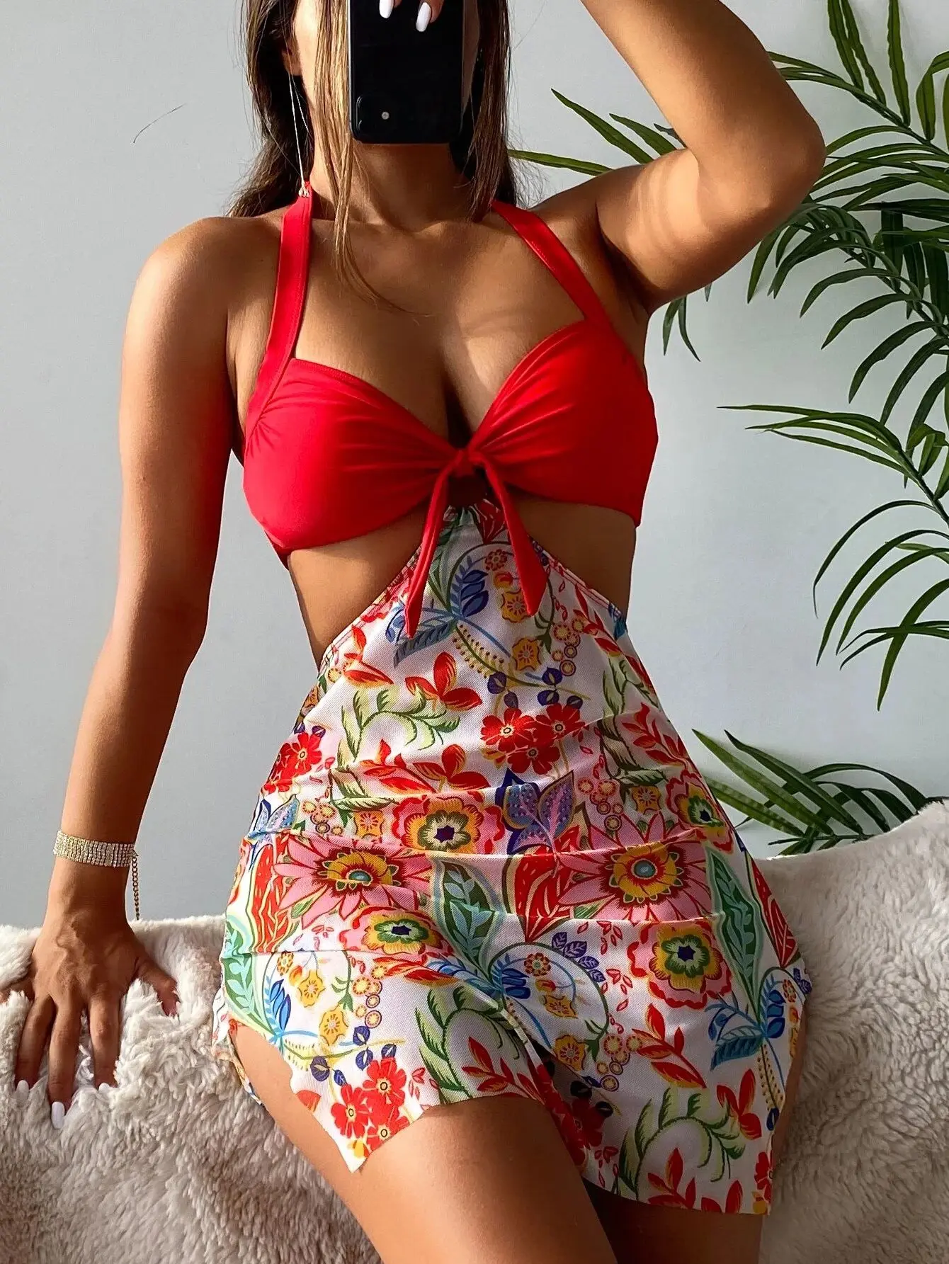 

Купальник-бикини с цветочным принтом и лямкой на шее, 3 шт./упаковка