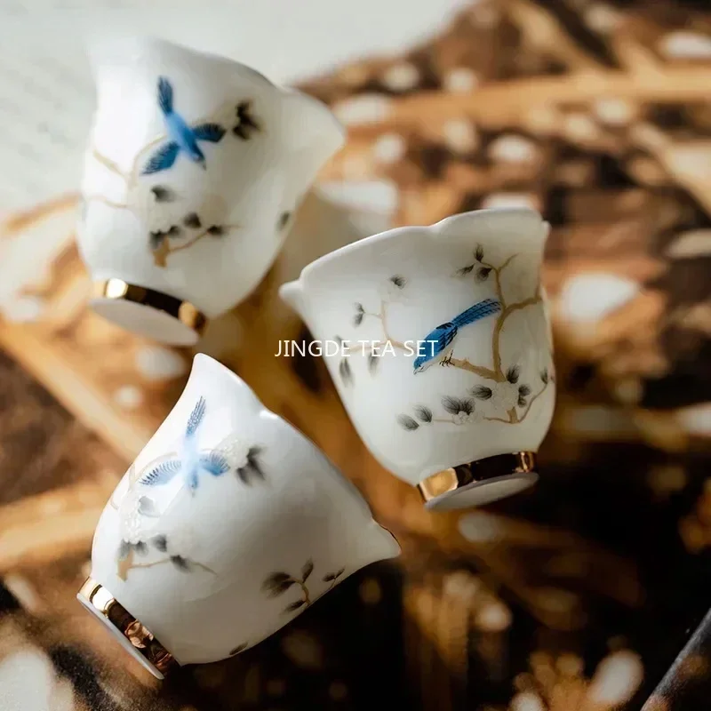 40ml Chinese Ceramic Teacup Master Handmade Suede Jade White Porcelain Tea Bowl Hand-Painted Bird Tea Cup Household Tea Set