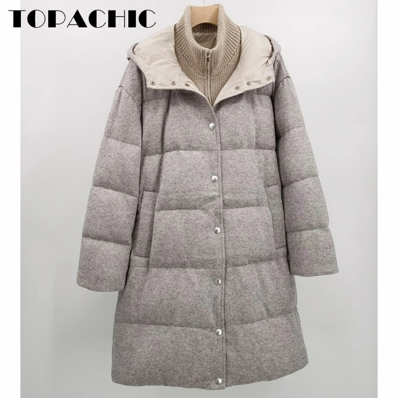 

11.26 TOPACHIC Women's White Goose Down Thick Keep Warm Cashmere Hooded Fake Two Piece Down Coat