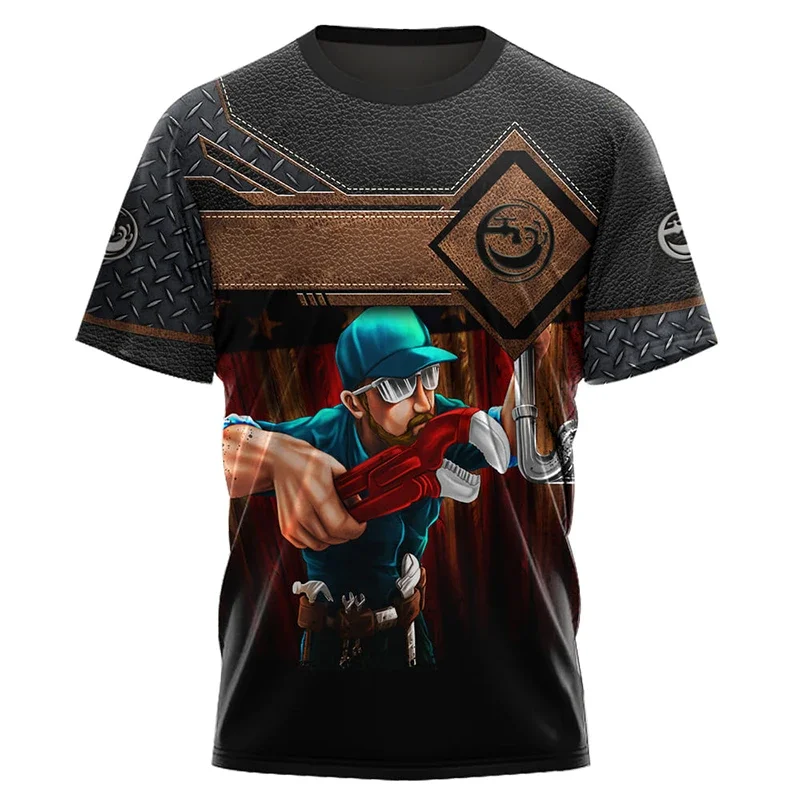 T-shirt homme imprimé 3D amusant, uniforme de plombier, t-shirt d'été décontracté à col rond et manches courtes, vêtement de travail mécanique tendance, ample et décontracté_voghion.com