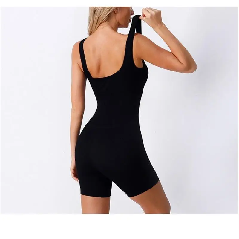 Summer Women Seamless Knit One-piece Yoga Suit Square Collar Jumpsuit Thread Sexy Go out Hip Lift Slim Shorts Jumpsuit Sports & Entertainment